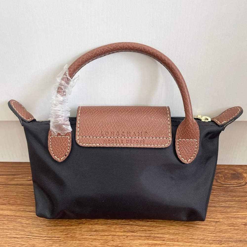 Longchamp Black Mini Top-Handle Bag with Brown Trim - Picture 7 of 10
